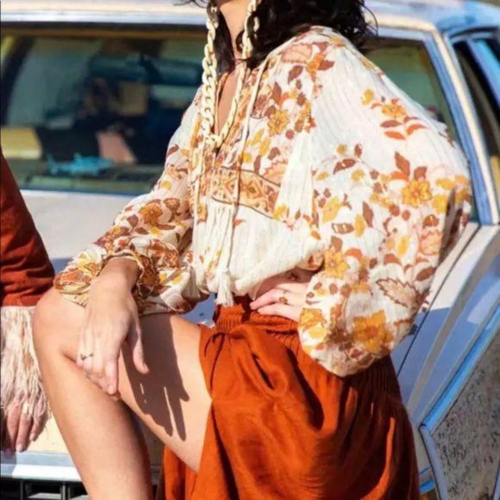 Bohemian Floral Print Tunic Peasant Top Yellow - Picture 3 of 8